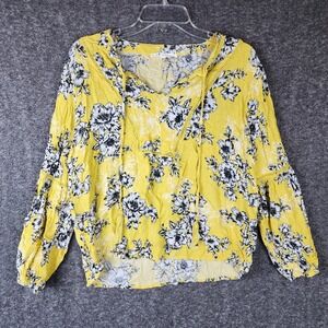 Seven7 Top Womens Medium Floral Yellow Boho Tassel Crochet Trim Blouse EUC